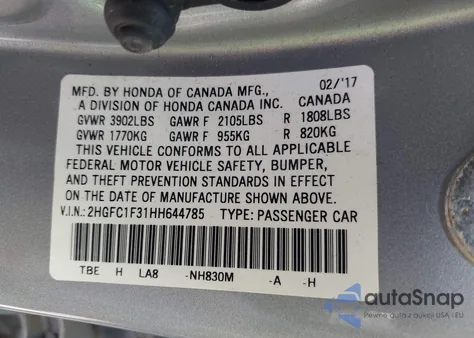 2017 Honda Civic Ex-T z USA, uszkodzony, nr VIN 2HGFC1F31HH644785